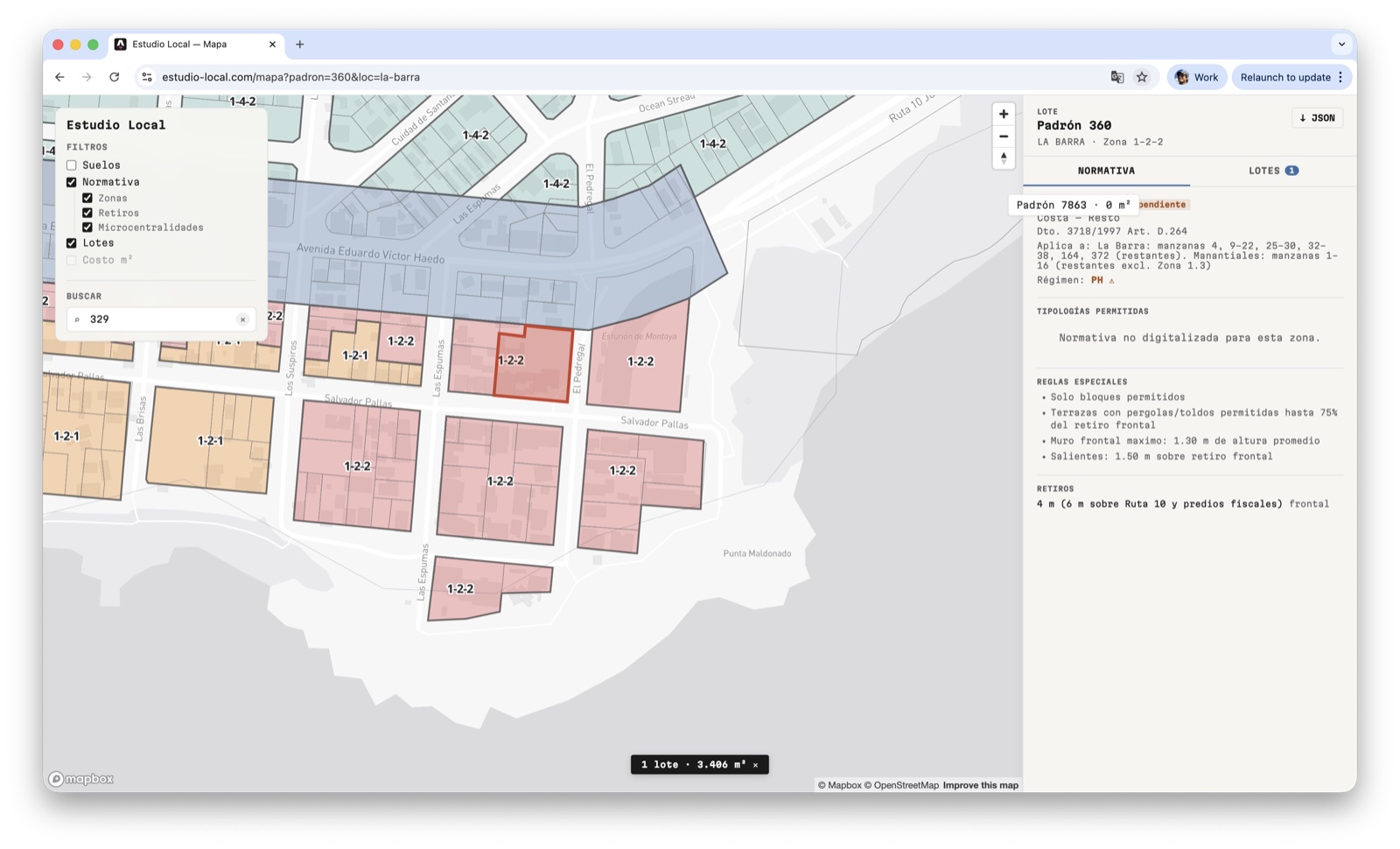 Mapa con overlays de zonificación TONE activos: zonas codificadas (1-2-2, 1-3, 1-4-2), retiros y microcentralidades coloreadas sobre el catastro de La Barra.