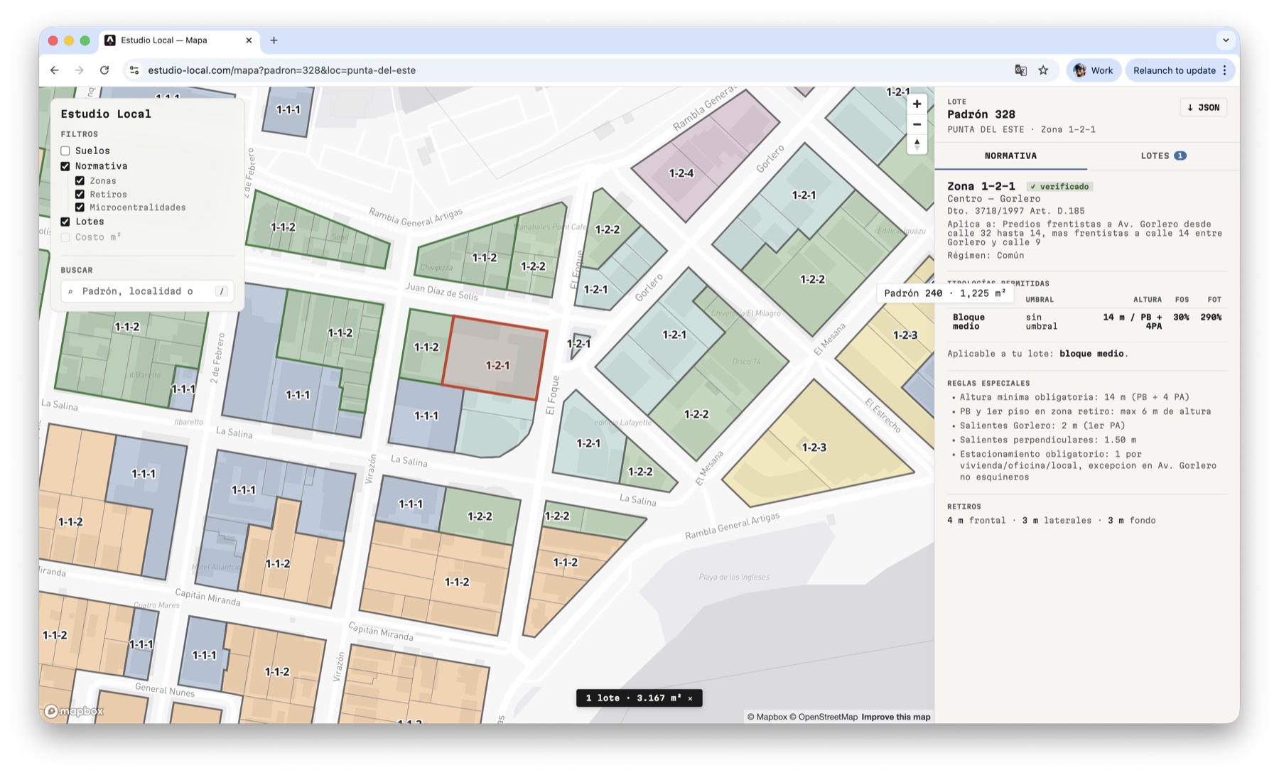 GIS de Maldonado: zonificación TONE sobre las calles de Punta del Este, un padrón seleccionado y normativa visible en el sidebar.